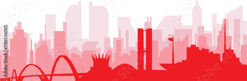 Red panoramic city skyline poster with reddish misty transparent background buildings of BRASÍLIA, BRAZIL