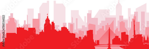 Red panoramic city skyline poster with reddish misty transparent background buildings of SÃO PAULO, BRAZIL