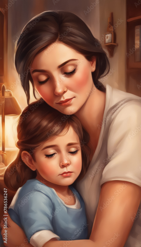 Mother hugging daughter, creating a cozy and loving memory Mother hugging daughter, creating a cozy and loving memory