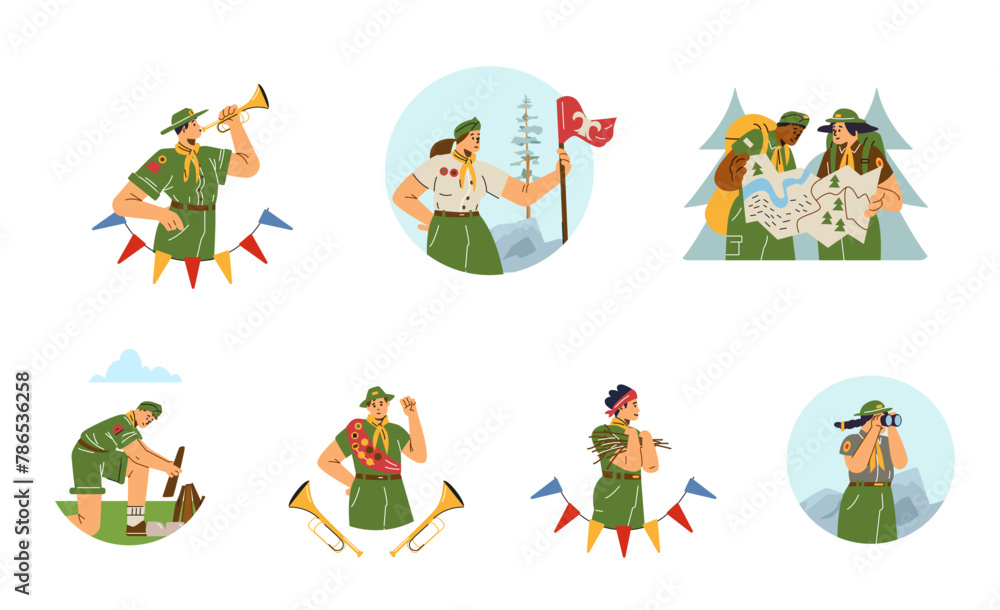 Fototapeta premium Scouts makes bonfire, exploring map, looks through binoculars, blow the fife, cartoon scout camping adventure vector set