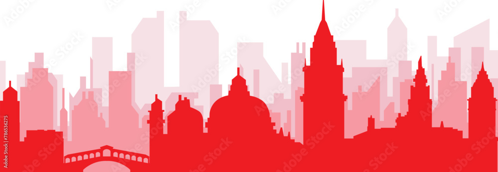 Red panoramic city skyline poster with reddish misty transparent background buildings of VENICE (VENEZIA), ITALY