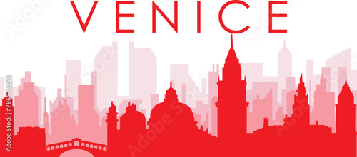 Red panoramic city skyline poster with reddish misty transparent background buildings of VENICE (VENEZIA), ITALY