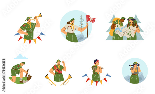 Scouts makes bonfire, exploring map, looks through binoculars, blow the fife, cartoon scout camping adventure vector set