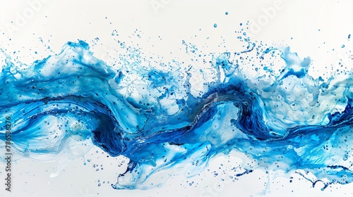 The dynamic ballet of water blue waves captured mid splash on a pristine white canvas