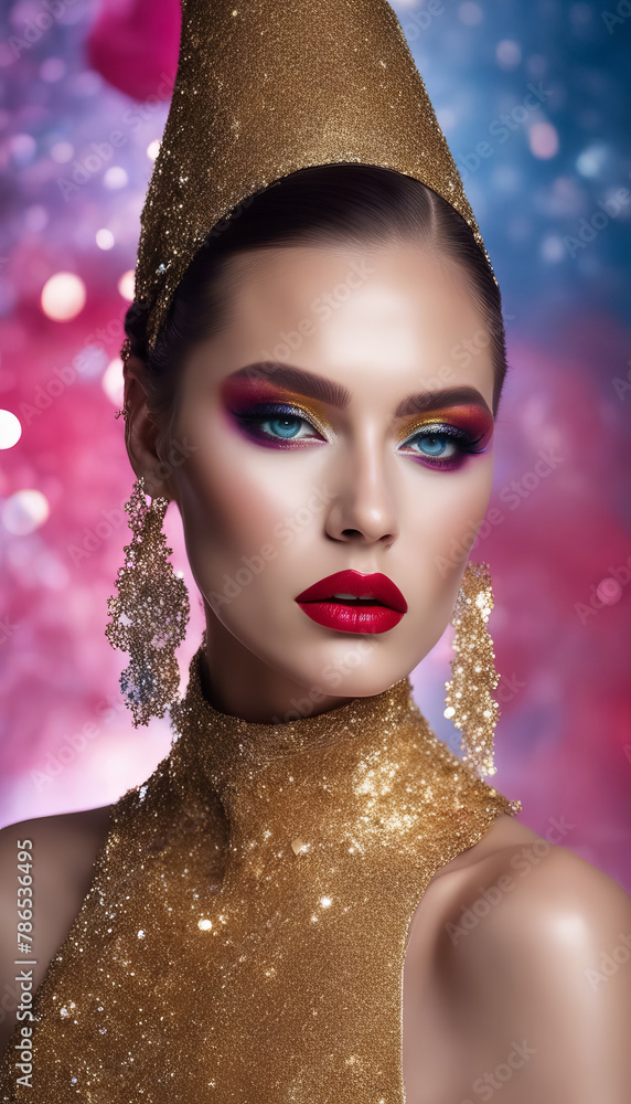 Portrait of a Girl with Bright Makeup and Golden Outfit