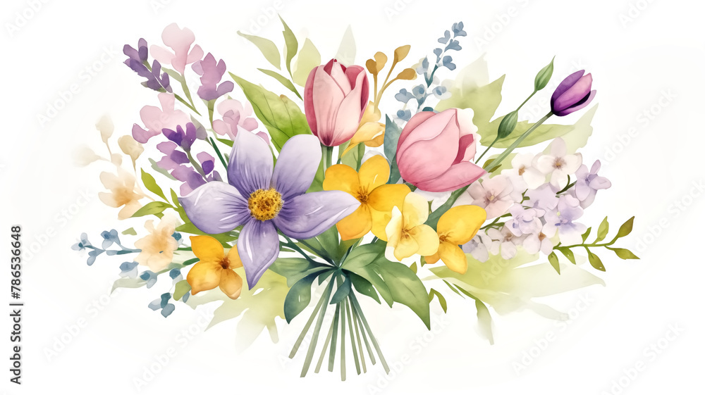 Watercolor bouquet of mixed spring flowers isolated on white background. Springtime and Mother's Day concept. Design for greeting card, invitation, and poster with place for text.