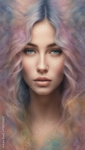 Portrait of a young woman with pastel hair and eyes, whose gaze captures the viewer's attention