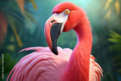 Pink cartoon flamingo on nature background close-up