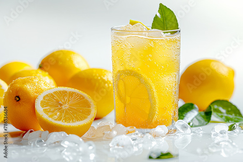 lemon juice with fresh lemons isolated on a white background, detailed photo, photography in the style of Florian