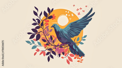 Blue bird in flight with floral elements and sun motif on a beige background. Nature and freedom concept. Design for poster, card, and textile.