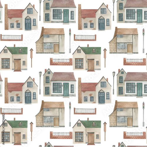 Watercolor seamless pattern with cottages. Vintage hand drawn illustration