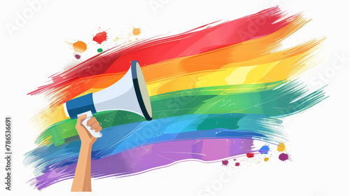 A hand holding a megaphone with a rainbow flag isolated on a white background, a flat design illustration vector graphic, an LGBT pride concept