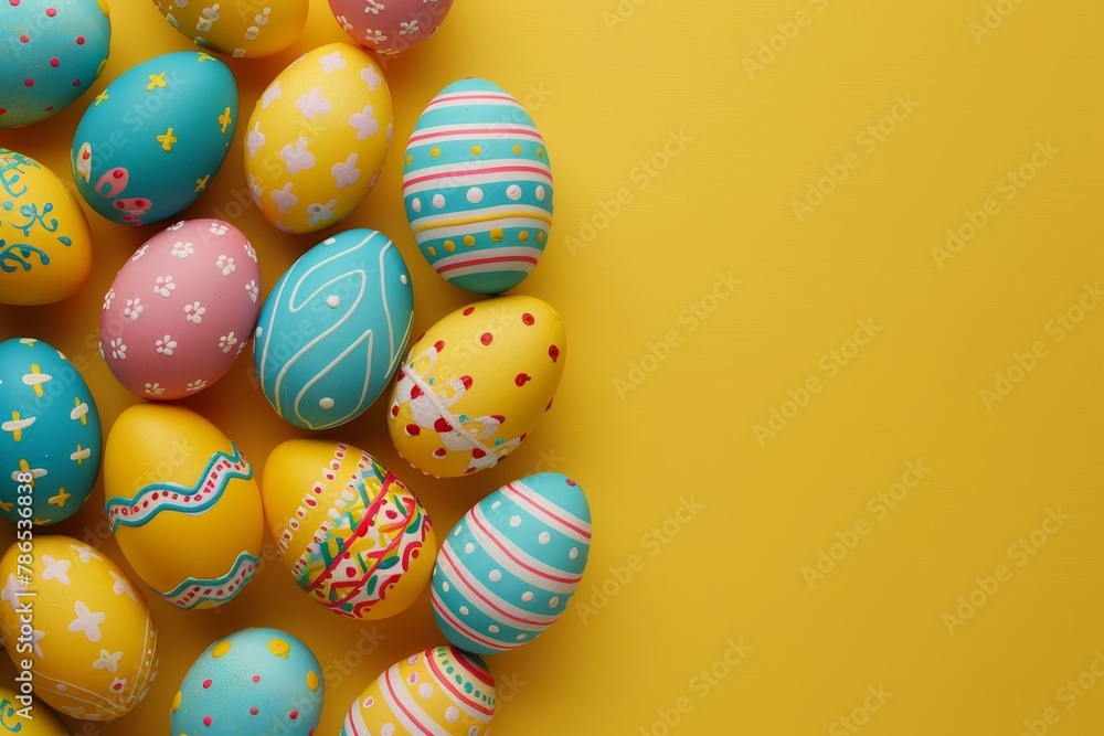 Multi-colored Easter eggs lie on a yellow festive background. Concept: Christian Easter Multi-colored Easter eggs lie on a yellow festive background. Concept: Christian Easter