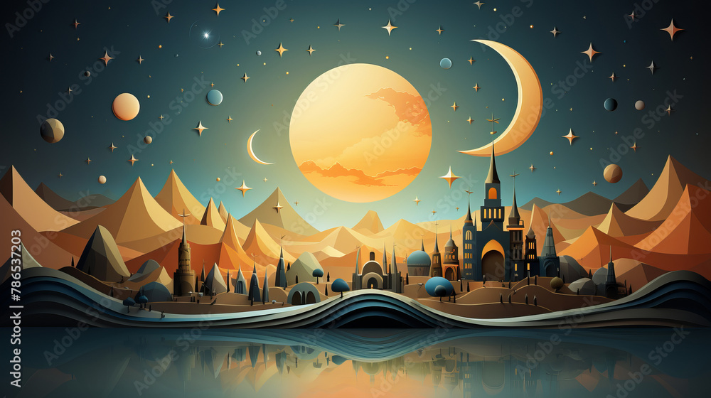 Naklejka premium Illustration of Islamic city on night sky background with a Moon and stars.