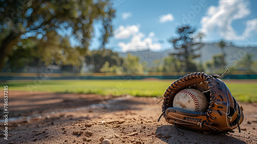 Baseball glove and ball on pitching mound, Generative AI
