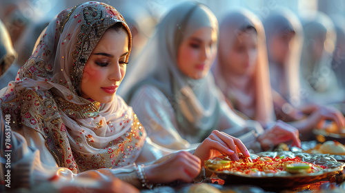 Islamic women around a festive table  celebrating Eid al-Adha with traditional dishes.