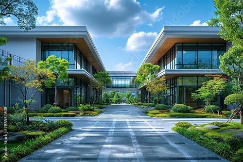 Modern office buildings with greenery and blue sky in the background © Graph Squad