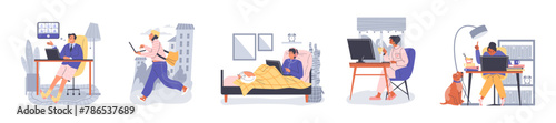 Set of working freelancers flat style, vector illustration