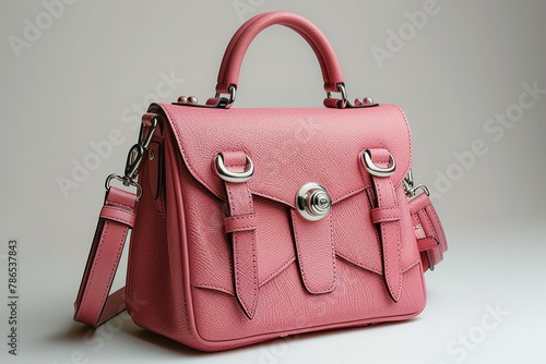 Pink leather handbag with shoulder strap, simple design, white background