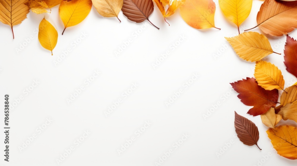 autumn leaves on white background with copy space