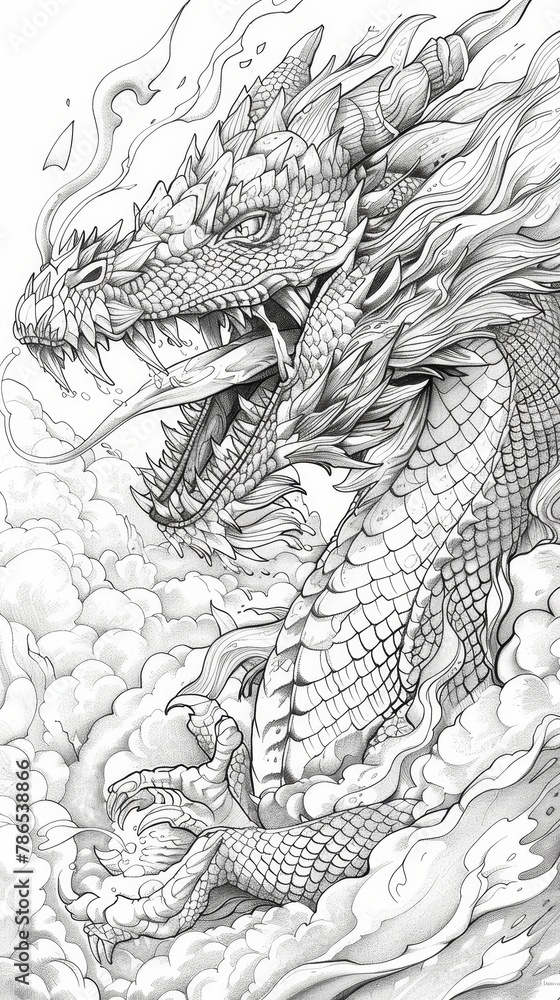 Naklejka premium Fantasy: A coloring book page featuring a majestic dragon