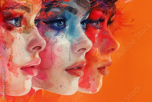 Artistic rendering of multiple expressive female faces with vibrant watercolor splashes on a red backdrop © Dacha AI