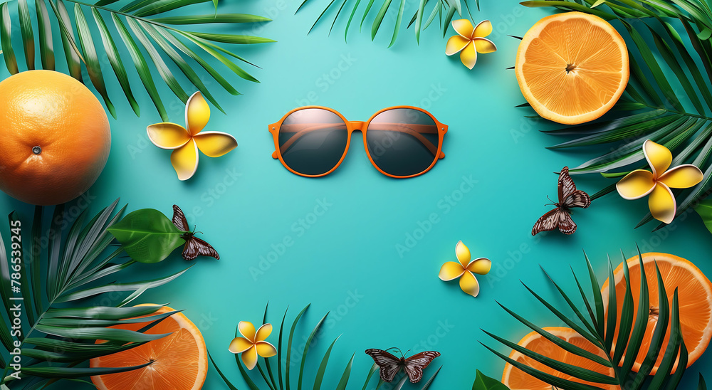 Tropical Summer Flat Lay with Sunglasses and Frangipani