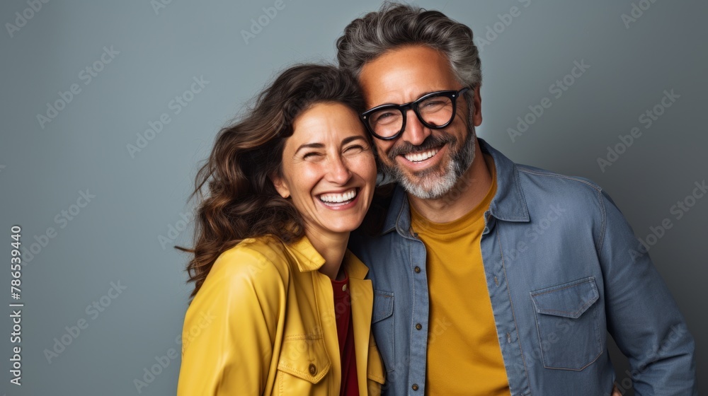 An older, middle-aged couple is happy, having fun and laughing indoor An older, middle-aged couple is happy, having fun and laughing indoor