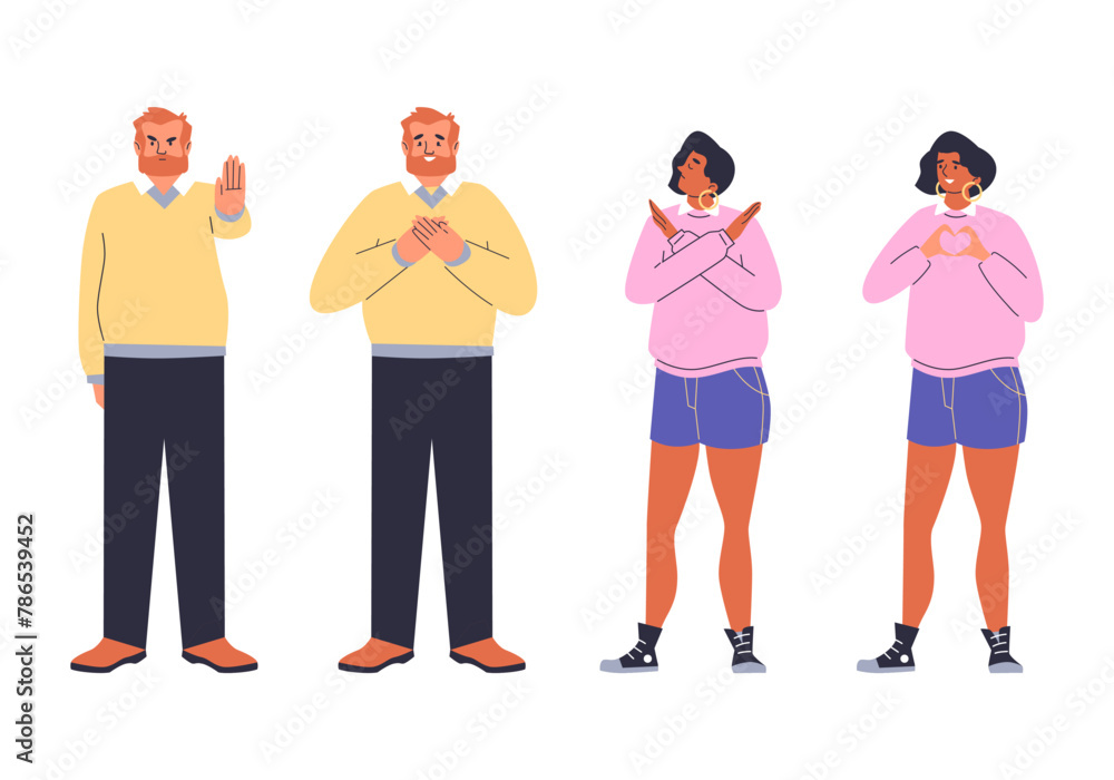 Fototapeta premium People showing negative and positive emotions with hand gestures, vector nonverbal communication hand language emotion