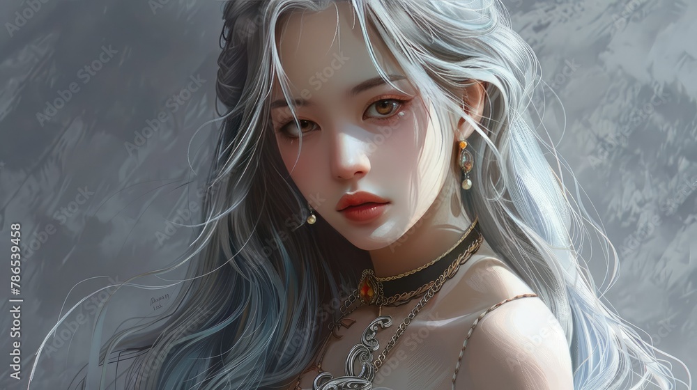 Ethereal Young Woman with Silver Hair and Elegant Minimalist Jewelry