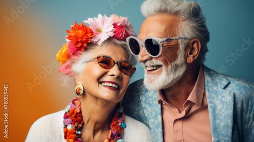 An elderly couple dressed in crazy colours is happy, having fun and laughing.