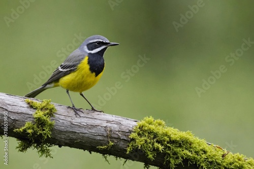 Gray wagtail with insect standing on a branch