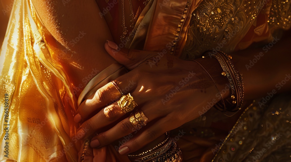 A woman's hand, adorned with rings, lightly rests against a gold necklace. The warm glow of morning light bathes the scene.