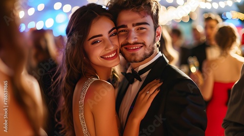 A young couple attends a glamorous gala. The man proudly poses with his girlfriend, surrounded by a lively crowd. photo