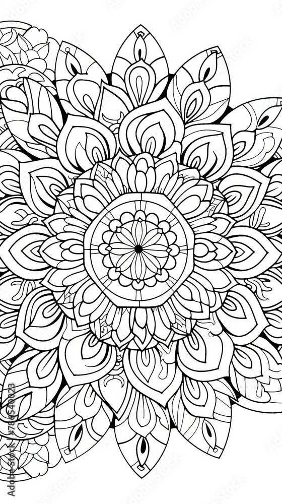 Mandala: A coloring book page featuring a large, intricate mandala design with floral motifs Mandala: A coloring book page featuring a large, intricate mandala design with floral motifs