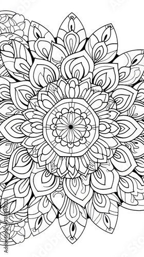 Mandala  A coloring book page featuring a large  intricate mandala design with floral motifs