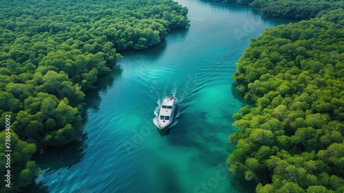 Aerial view of boat sailing through mangrove forest in Farasan islands-saudi arabia