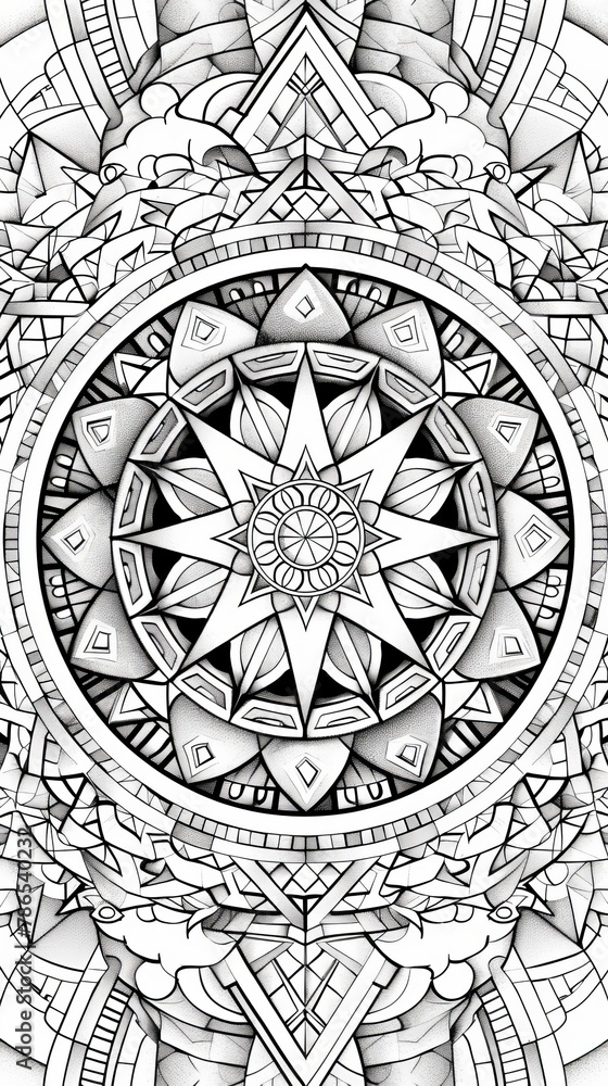 Mandala: A coloring book page showcasing a mandala with geometric patterns and shapes