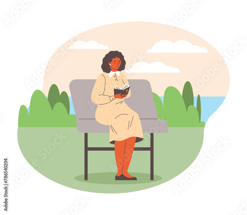 Vector illustration of woman reading bible book on park bench