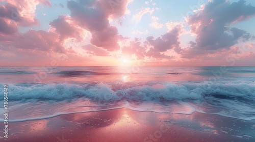 A calm sea view with pastel twilight colors and calm water reflections, a symphony of colors as dusk falls on the quiet beach. Calm waters from the sky