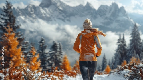 Woman runner running to the top of winter snow mountain photo