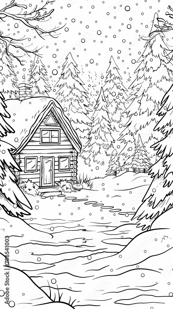 Nature scenes Coloring Book: A simple outline of a cozy cabin in a snowy forest Nature scenes Coloring Book: A simple outline of a cozy cabin in a snowy forest