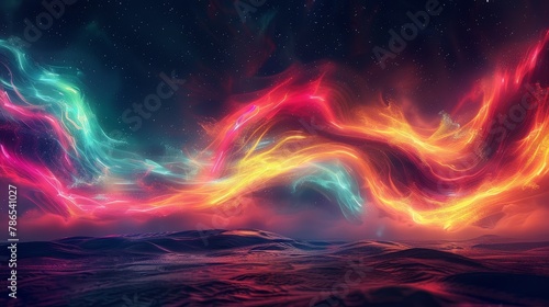 Vibrant Aurora over Desert Landscape Under Starry Sky