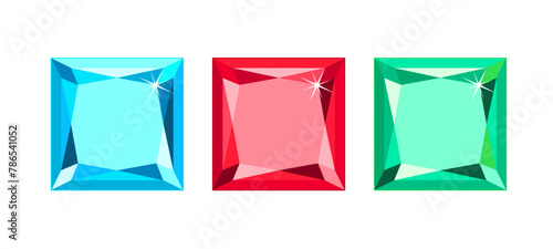 Gems set. Three square shaped gemstones. Vector cartoon flat illustration of red, blue and green jewel.