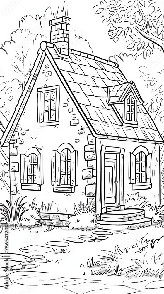 Objects: A coloring page featuring a simple house with a sloping roof, chimney, and windows
