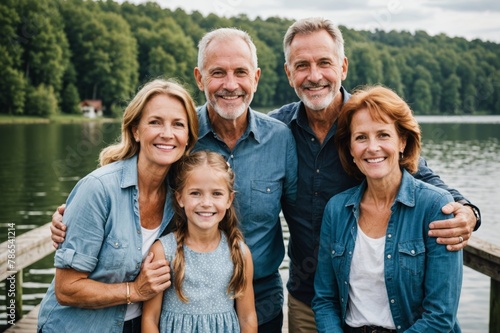 Portrait smiling multi-generation family on lake dock photo