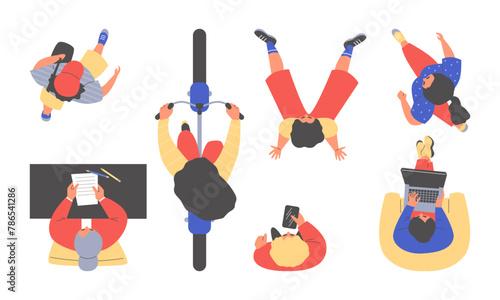 People, overhead view, set of isolated vector in flat cartoon style