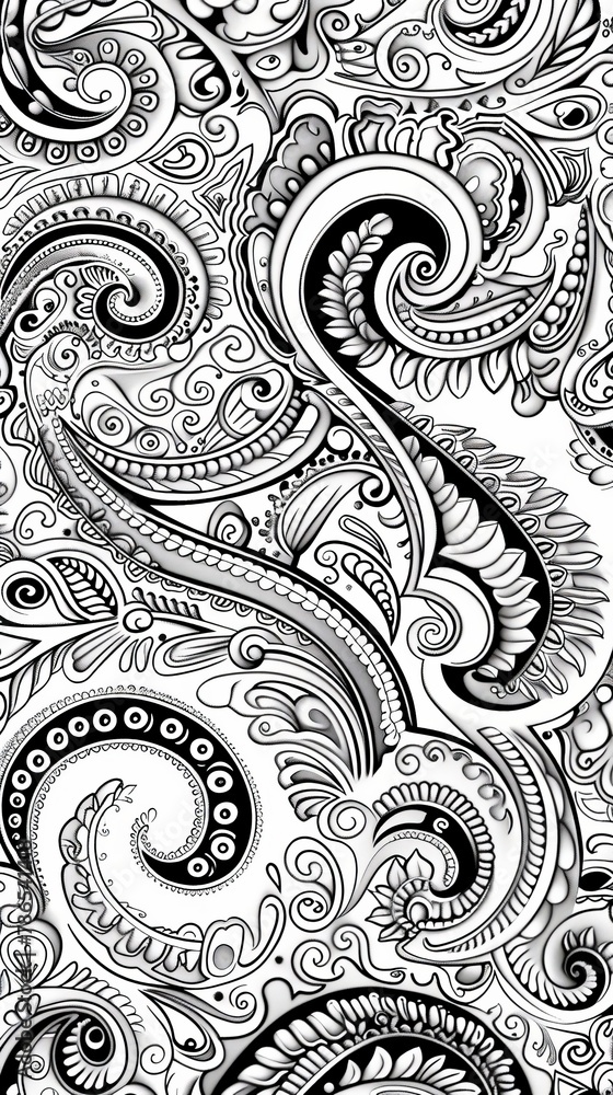Paisley: A coloring book page featuring a paisley pattern, with intricate designs for coloring