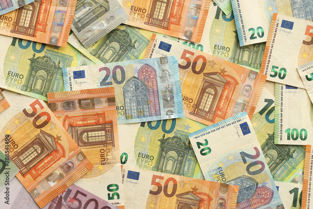 Many european euro money bills. Lot of banknotes of european union currency close up