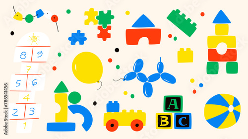 Set on a kindergarten theme. Collection with different toys for children. 
